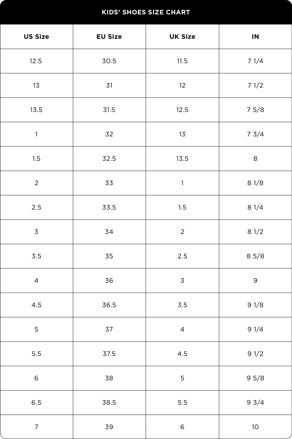 Kids Size Chart
